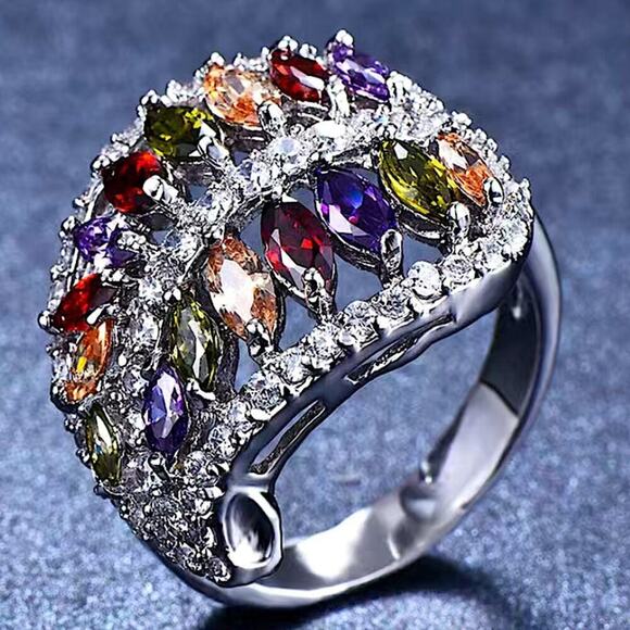 Jewelry - 18K Gold Plated Rainbow Ring, Marquis Cut, Zircon, Multicolor